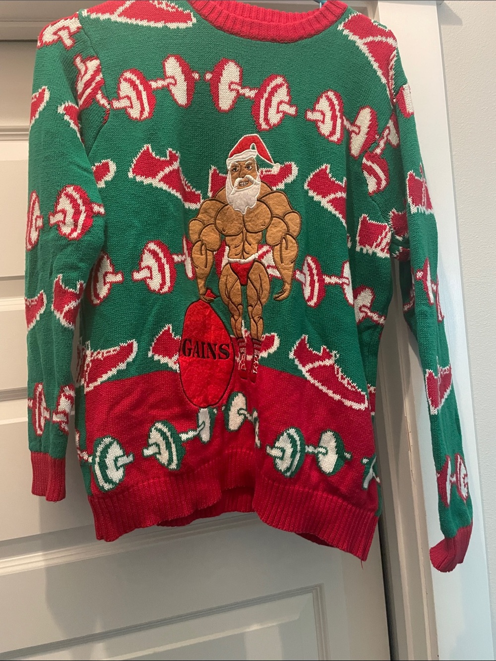 Gains Muscle Santa Crewneck Sweater - Green/Red